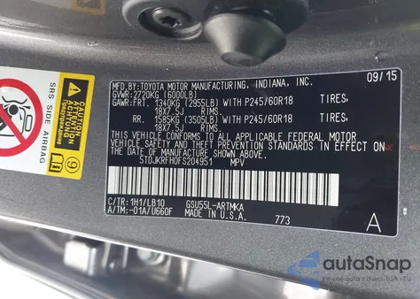 2015 Toyota Highlander Xle V6 z USA, uszkodzony, nr VIN 5TDJKRFH0FS204951